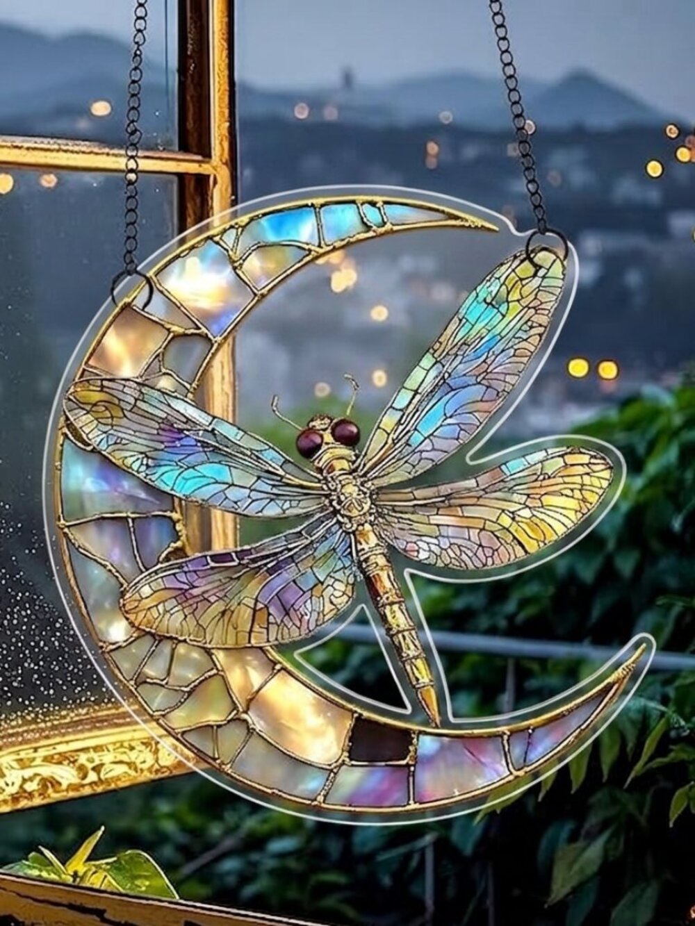 Dragonfly Moon Suncatcher | Iridescent Celestial Hanging Ornament